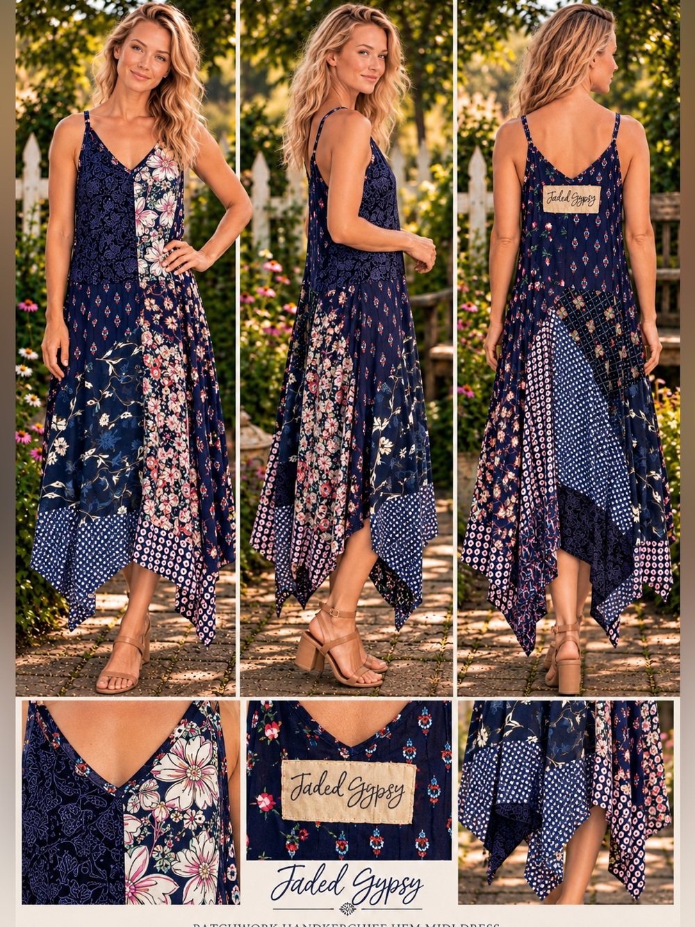 🦚 JG-  Jaded Gypsy Patchwork Handkerchief Hem Dress L/XL